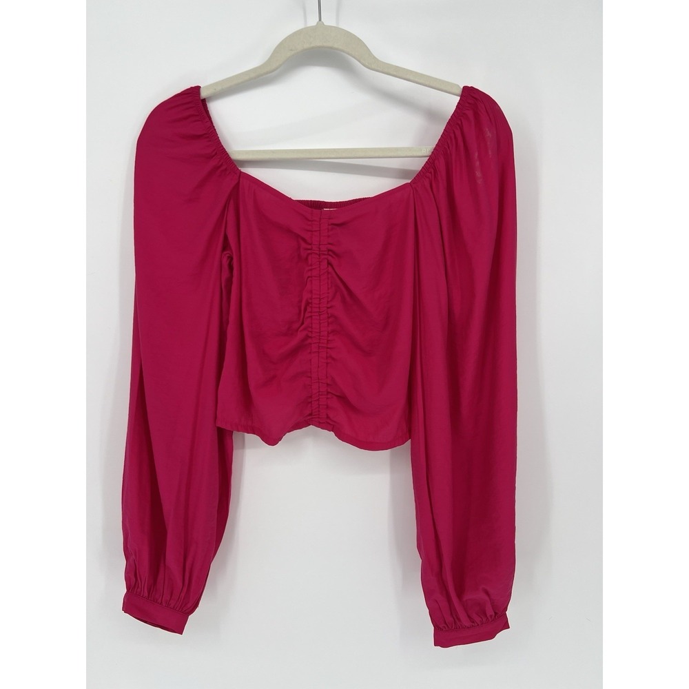 A New Day Women's XS Hot Pink Balloon Sleeve Ruched Front Crop Top NWT